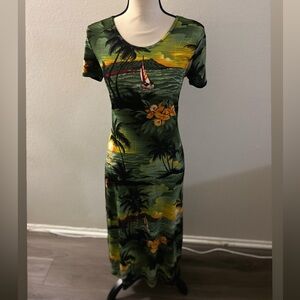 Diamonds Vintage Y2K Green Tropical Fitted Midi Dress Large